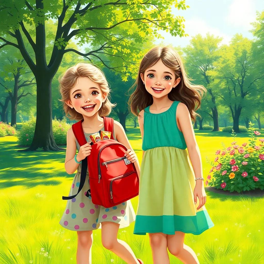 A sunny day in a vibrant, green park, with two young girls, Nevaeh and Rubylee, wearing colorful summer dresses, excited and smiling, packed a small red backpack with snacks, digital art, cheerful, bright colors, warm light, high quality