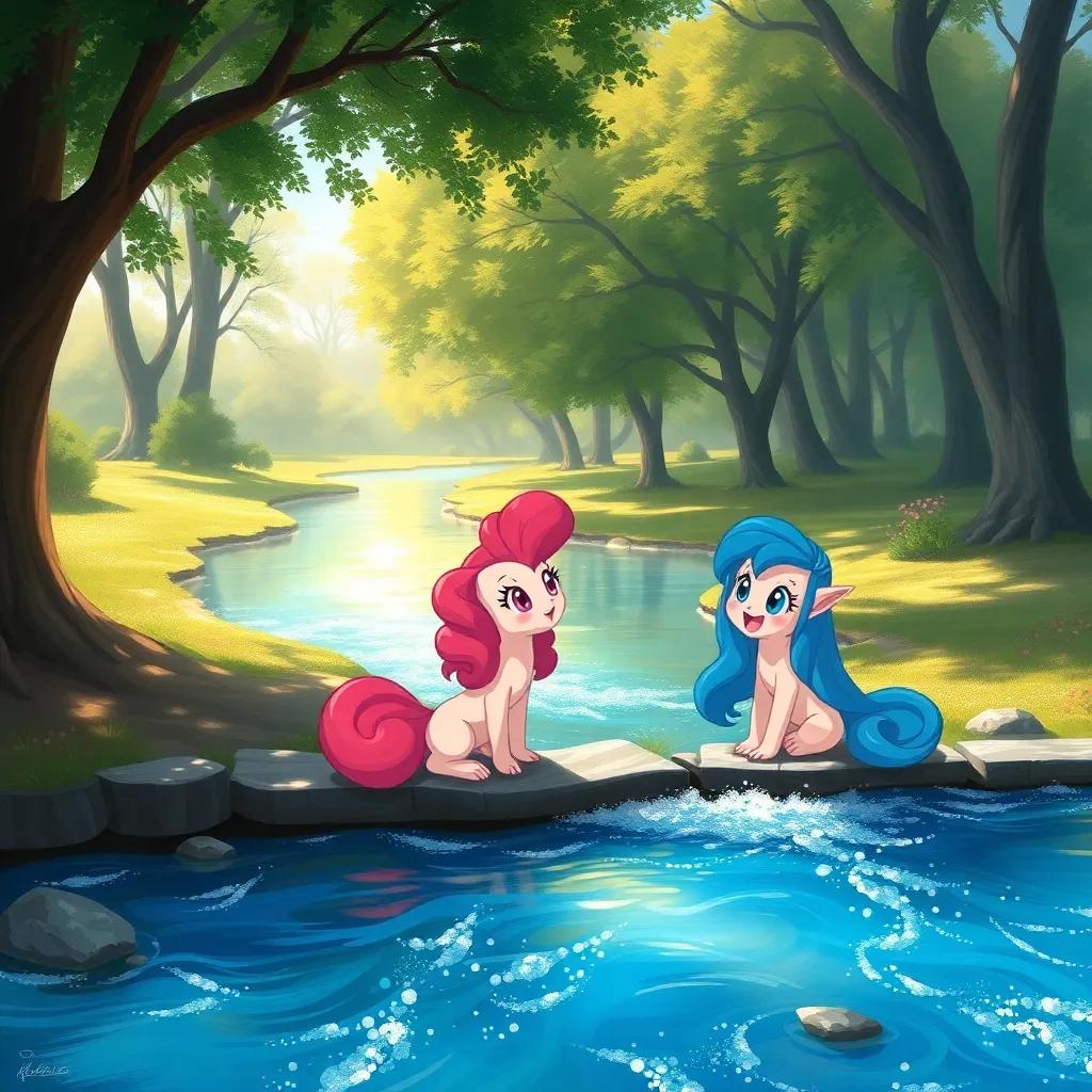 A sparkling blue river flowing through the park, with Nevaeh and Rubylee by the riverbank, looking amazed and giggling, trees in the background, digital painting, joyful atmosphere, vibrant colors, playful view, high quality