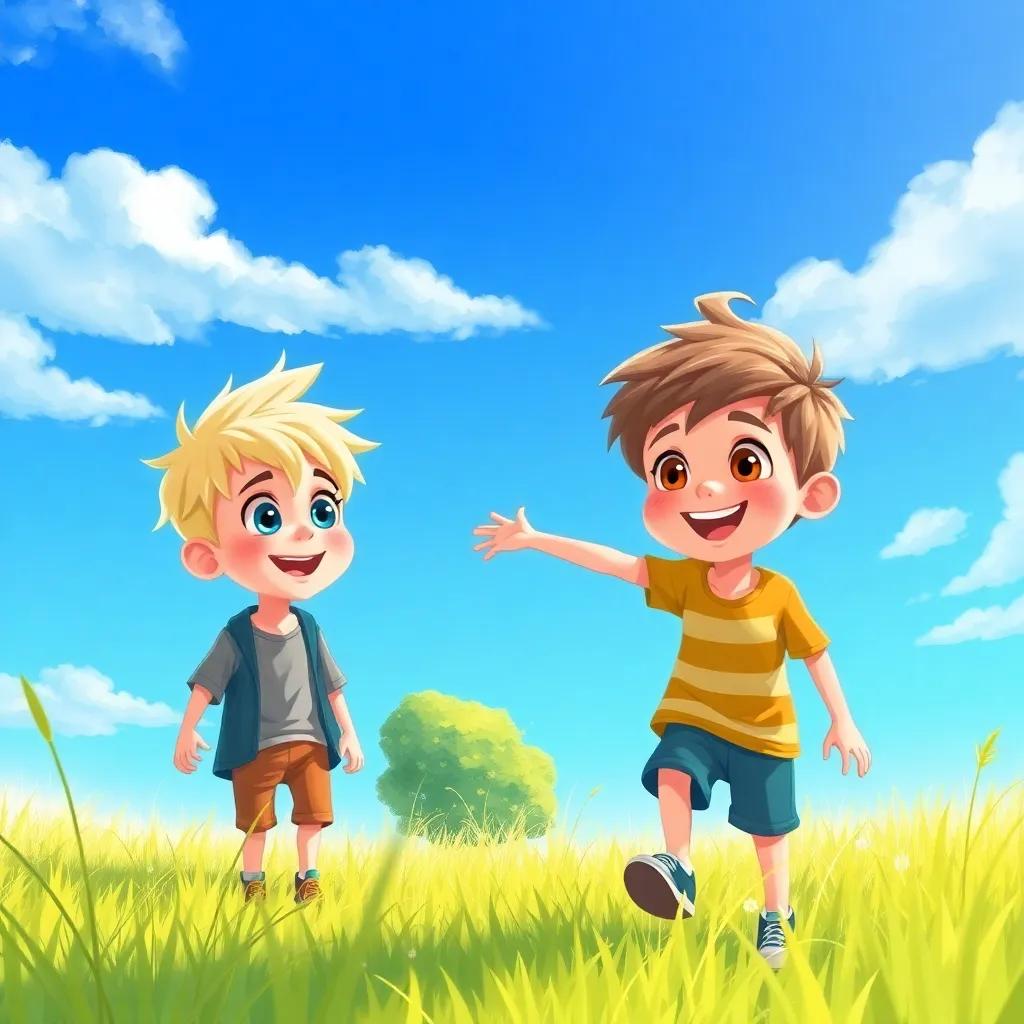 A sunny day with a bright blue sky, featuring a tall blond boy, Newt, with blue eyes, playing in a grassy field with a happy brown-haired boy, Thomas, who has brown eyes and cheerful freckles, illustration, colorful, bright, joyful atmosphere, child-friendly