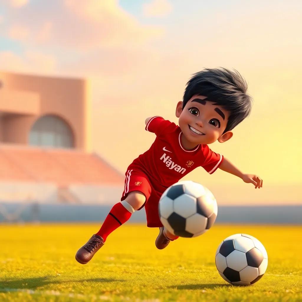 A young Emirati boy, Nhayan, with short black hair, wearing a red football jersey and shorts, smiling and kicking a football on a sunny field, vibrant colors, energetic atmosphere, joyful expression, digital art