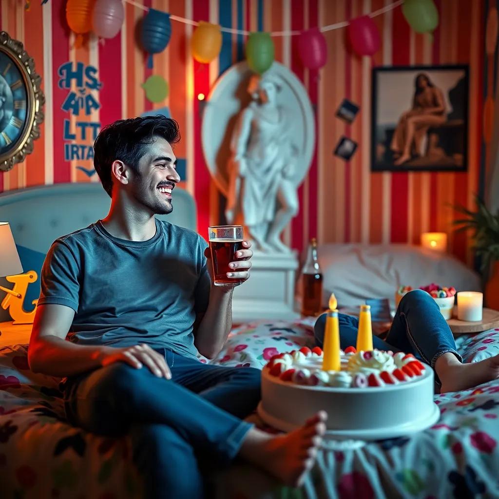A young man, Michael, with short dark hair, wearing a casual t-shirt and jeans, sitting on a cozy bed decorated for a birthday, sharing a laugh with Nicki who is holding a beer, colorful room, party decorations, intimate and warm light