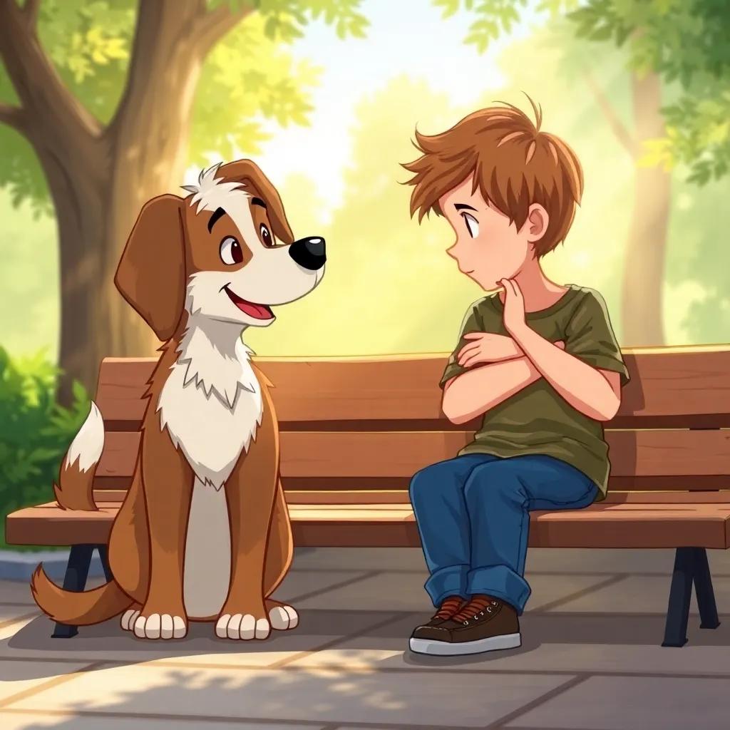 A scruffy street dog, Nico, with floppy ears and a wagging tail, sitting beside a sad boy on a bench, both looking at each other with kindness, sunlight filtering through the trees, digital art, warm colors, heartwarming scene, inviting atmosphere, high quality