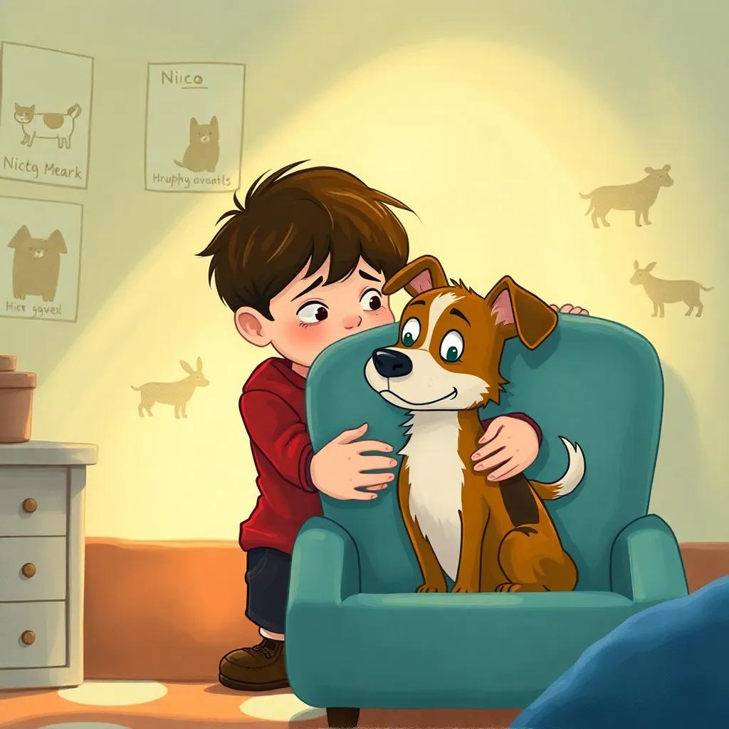 A boy in a cozy room, whispering to Nico, the scruffy street dog, while hiding him behind a chair, with a worried expression; drawings of animals on the wall, soft light illuminating the space, colorful, illustration, playful, emotional