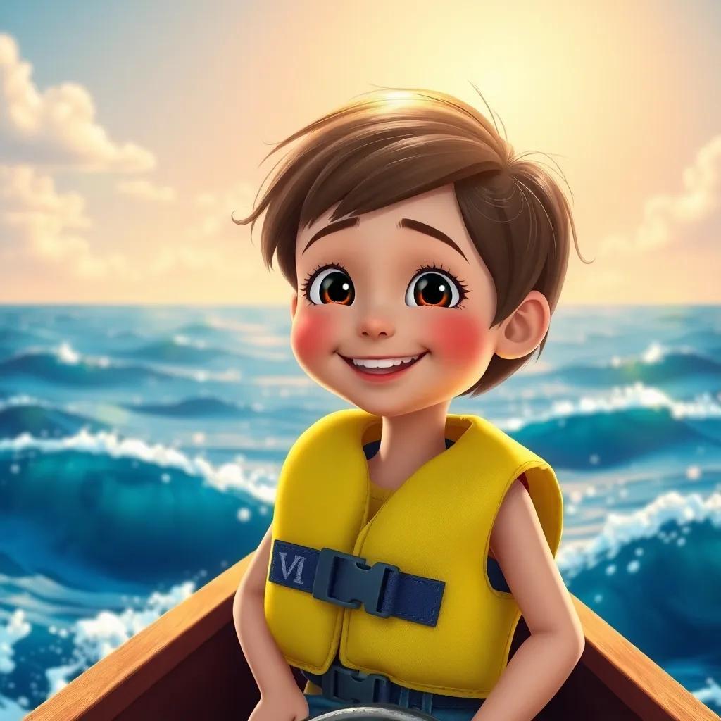 Nina, a cheerful 6-year-old girl, with short brown hair and a bright yellow life jacket, smiling on a small boat under a sunny sky, with ocean waves all around, digital art, colorful, vibrant atmosphere, joyful scene, high quality