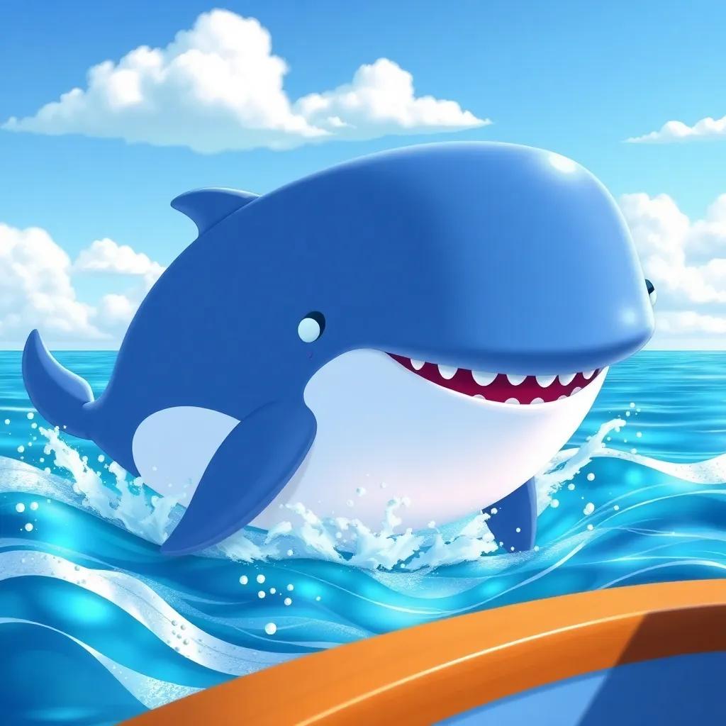 A friendly whale named Wally, big and playful, swimming near Nina's boat, splashing water with his fin, with gleaming blue ocean and white clouds above, illustration, engaging, child-friendly, bright colors