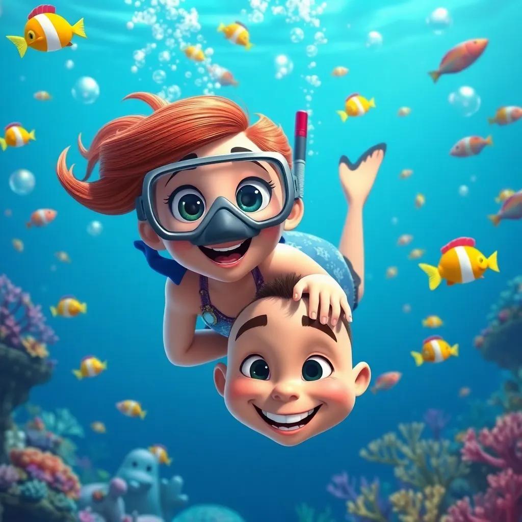 Nina and Wally diving into the deep blue sea, surrounded by colorful fish, corals, and bubbles, Nina with wide eyes in a snorkel, and Wally below her with a friendly smile, underwater scene, magical, bright and vivid
