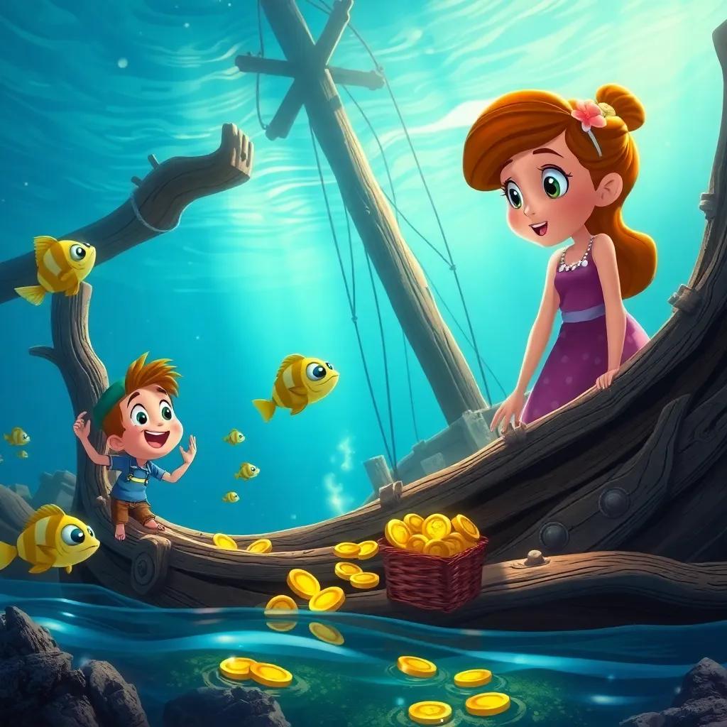 Wally showing Nina the shipwreck, with old wooden beams, treasures like gold coins and sparkling items, fish swimming around curiously, magical underwater view, treasure hunting theme, colorful, detailed