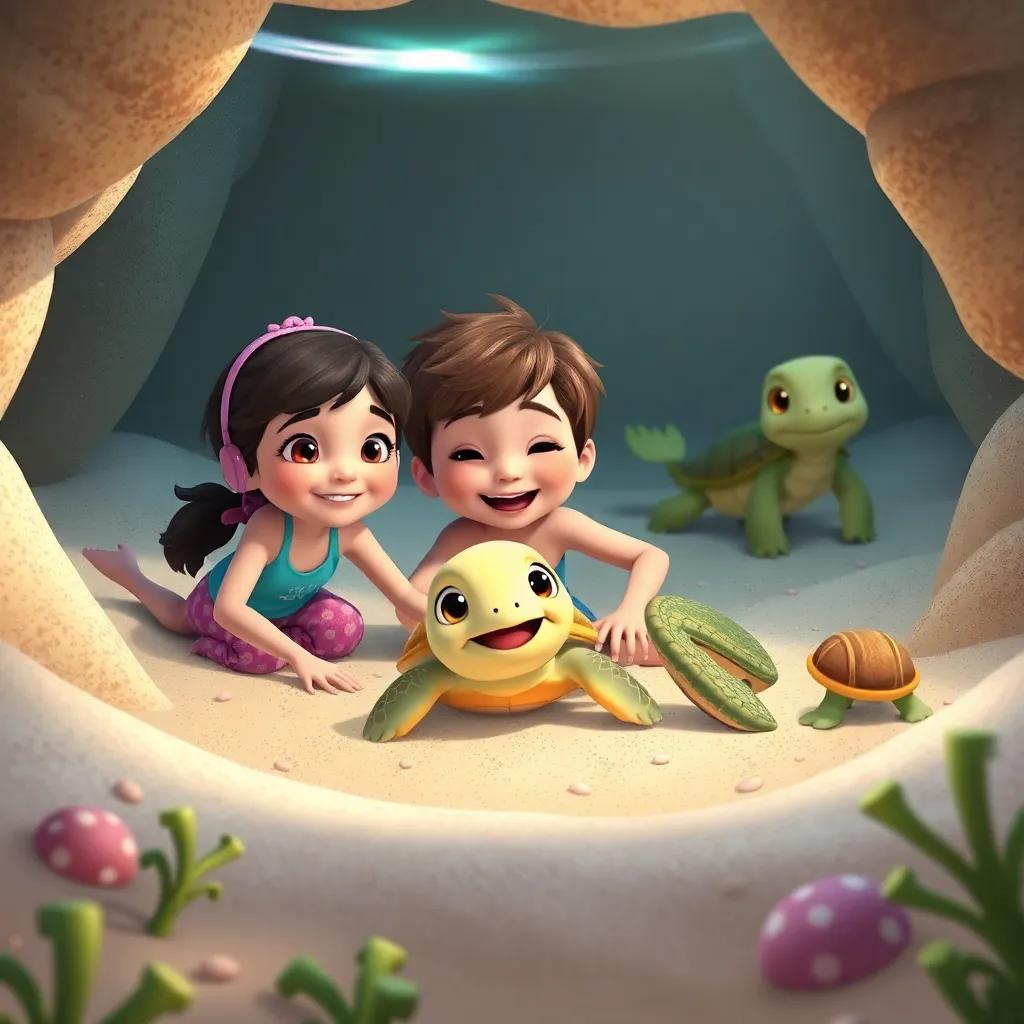 Nina, Wally, and a baby turtle, with happy expressions, swimming together in a cozy cove filled with soft sand and seaweed, the turtle's mom watching happily nearby, heartwarming, bright colors, cheerful scene