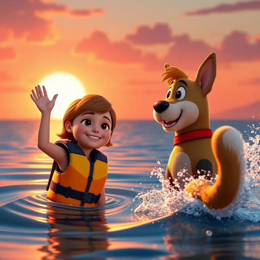 Nina and Wally saying goodbye, Nina in her life jacket smiling and waving, Wally splashing his tail in the water, a beautiful sunset in the background, leaving a warm feeling, vivid colors, uplifting