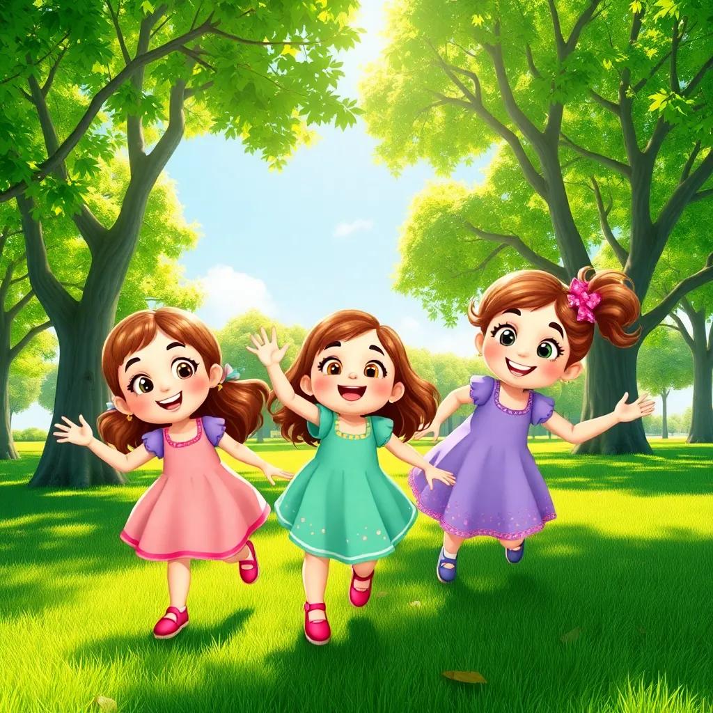 Three little girls, Nina, Nia, and Nessa, playing under green trees in a sunny park, cheerful expressions, colorful dresses, bright sunlight, child-friendly, joyful atmosphere, digital art, vibrant colors, high quality