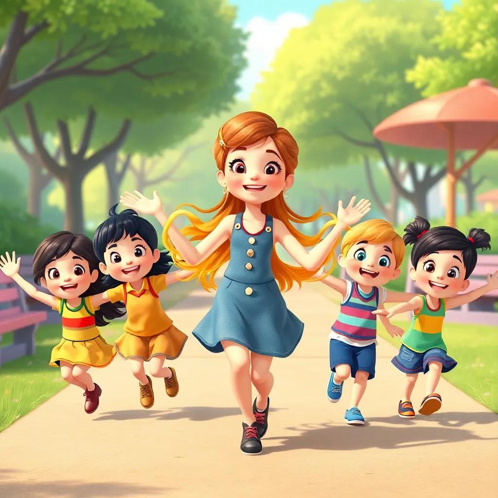 Nina leading her friends with her arms wiggling like noodles, all smiling and looking happy, in a colorful park setting, joyful children, vibrant, illustration, children's art, cheerful