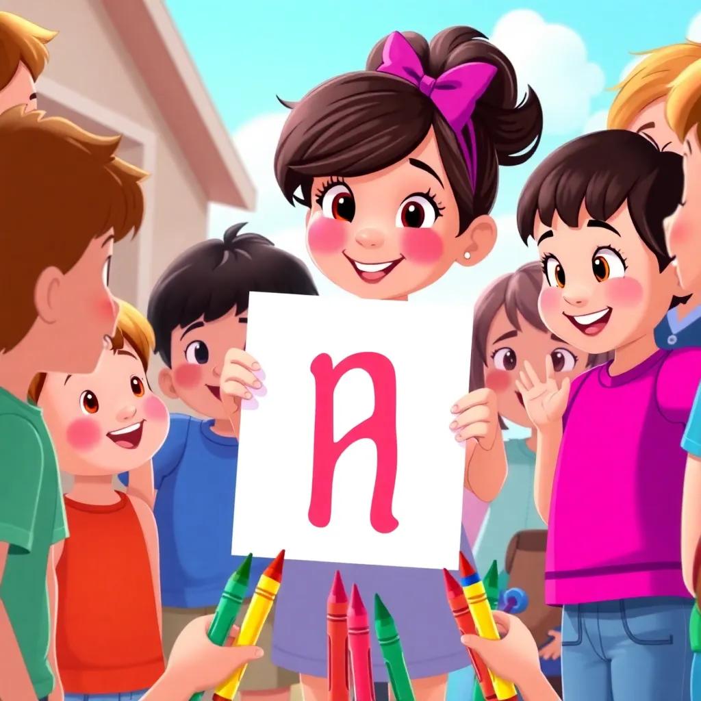 Children gathered around Nina with excitement, bright poster of the letter 'n' on display, colorful crayons in their hands, sunny day, enthusiastic expressions, digital illustration