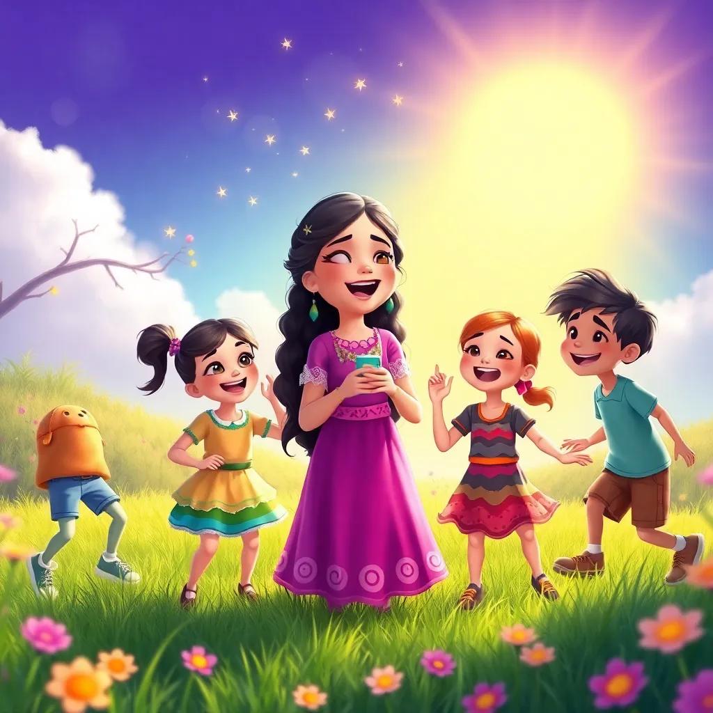 Nessa singing with a twinkling voice, children dancing around her on the grass, magical atmosphere, colorful clothing, smiles, bright sun, joyful illustration, vibrant details
