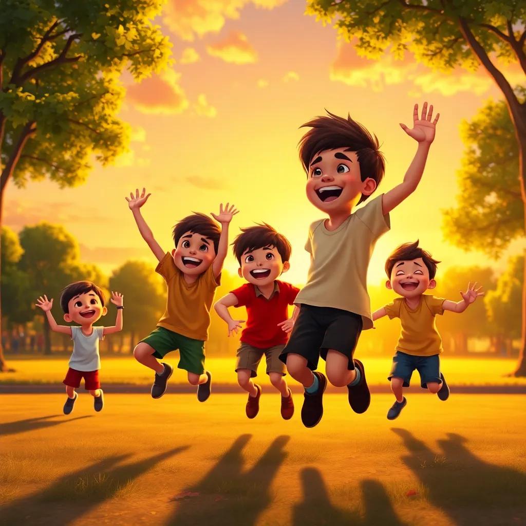 The sunset filling the park with warm colors, children playing 'Ninja N', laughing and jumping in funny poses, bright sky background, vibrant atmosphere, digital painting, joyful