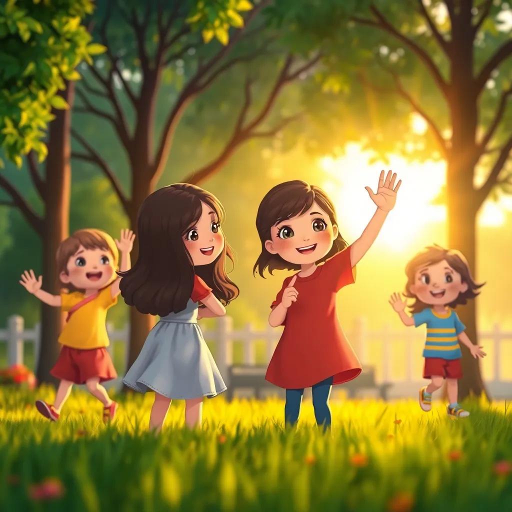 The girls waving goodbye to happy children in the park, evening light creating a warm glow, smiling faces, vibrant and colorful, heartwarming scene, children's illustration