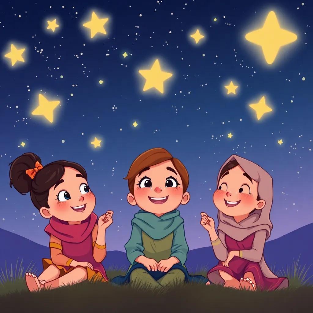 Nina, Nia, and Nessa under the stars, planning future adventures, sparkling night sky, joyful expressions, imaginative atmosphere, digital drawing, warm colors, cheerful