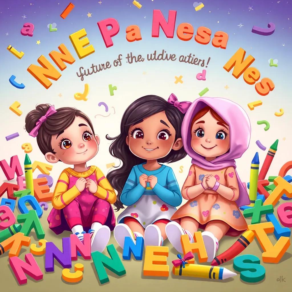 Nina, Nia, and Nessa in colorful clothing, surrounded by letters and crayons, dreaming of future phonics adventures, whimsical setting, child-friendly, cute illustrations, vibrant