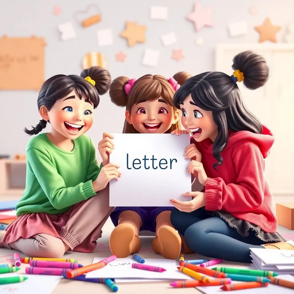 The three girls excitedly designing a new letter poster together, bright colors, fun and creative atmosphere, surrounded by crayons and papers, joyful creativity, detailed visual, cheerful setting