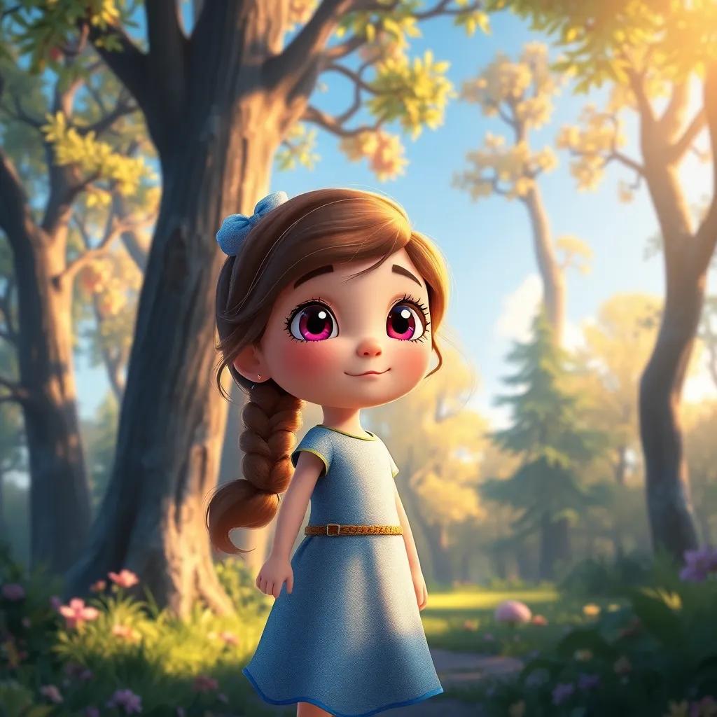 Nina, a young girl with bright eyes, standing in a magical forest as trees whisper around her, clear blue sky, soft golden light, colorful fantasy, child-friendly