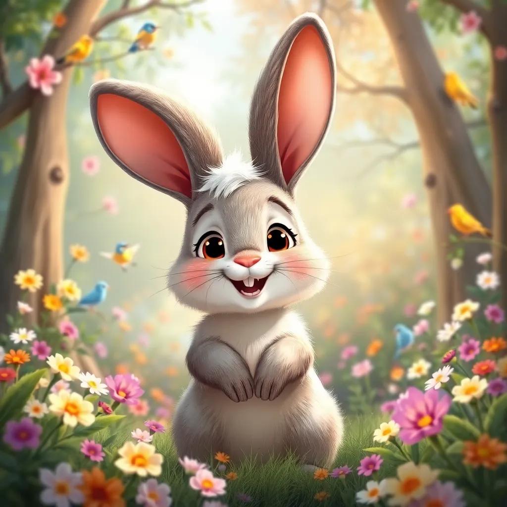 A fluffy rabbit named Rolo, with big ears and a warm smile, greeting Nina in the magical forest filled with flowers and chirping birds, illustration, cheerful colors, friendly atmosphere, high quality