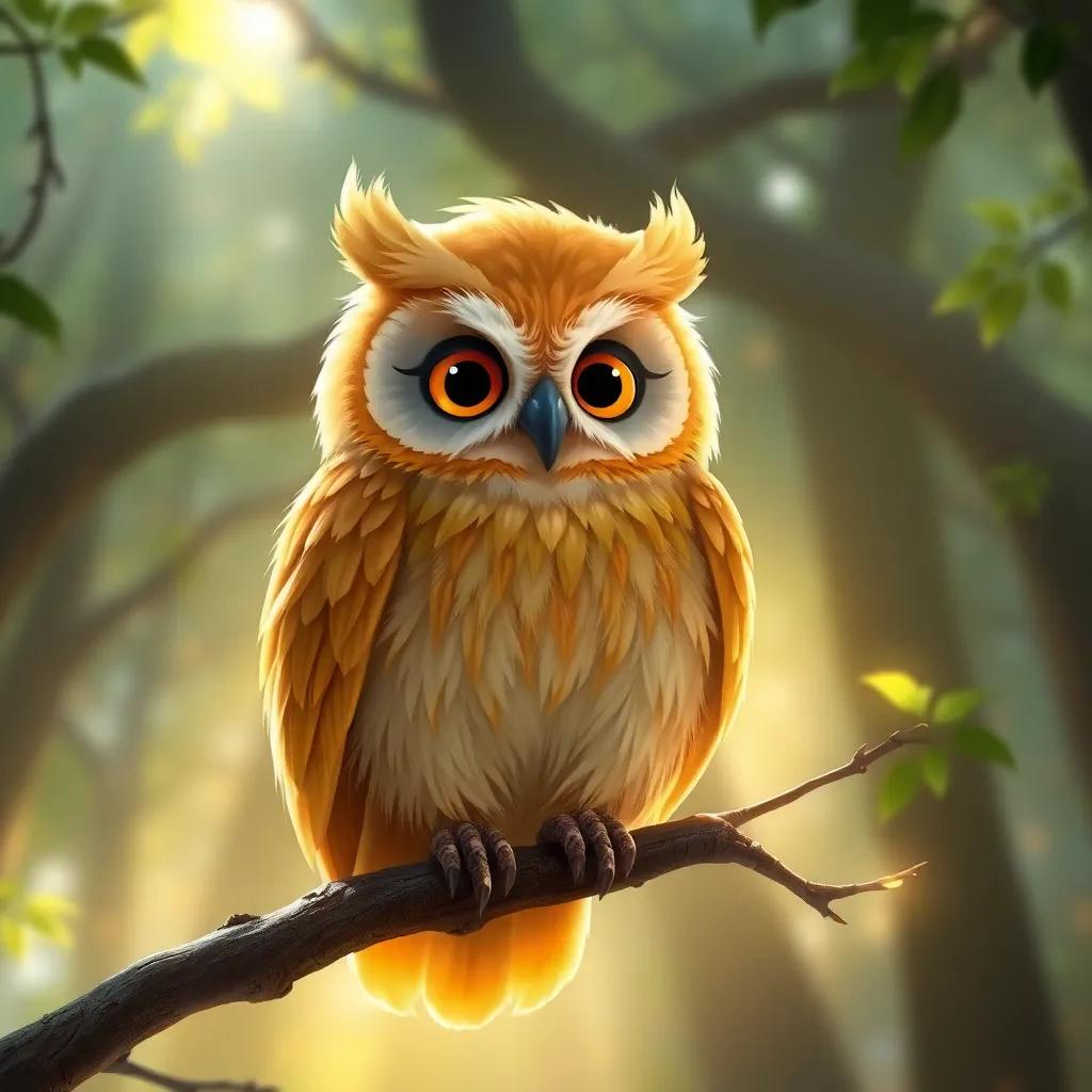 A wise old owl with golden feathers and kind eyes perched on a branch, sharing wisdom with Nina in the magical forest, enchanting light, nature-focused, high-quality artwork
