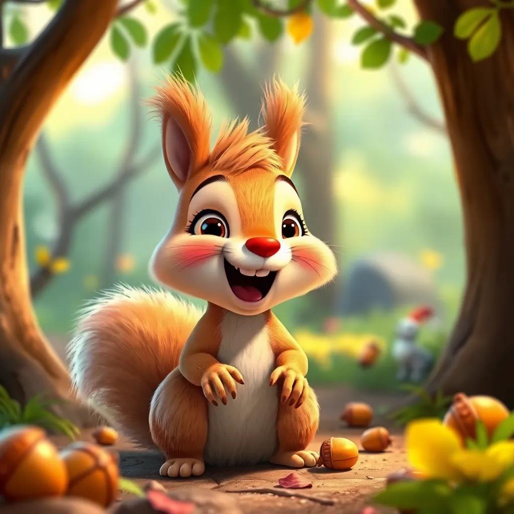 A lively squirrel named Squeaky, filled with excitement, receiving help from Nina to gather acorns, surrounded by playful forest scenery, colorful, warm light, inviting feel, child-friendly