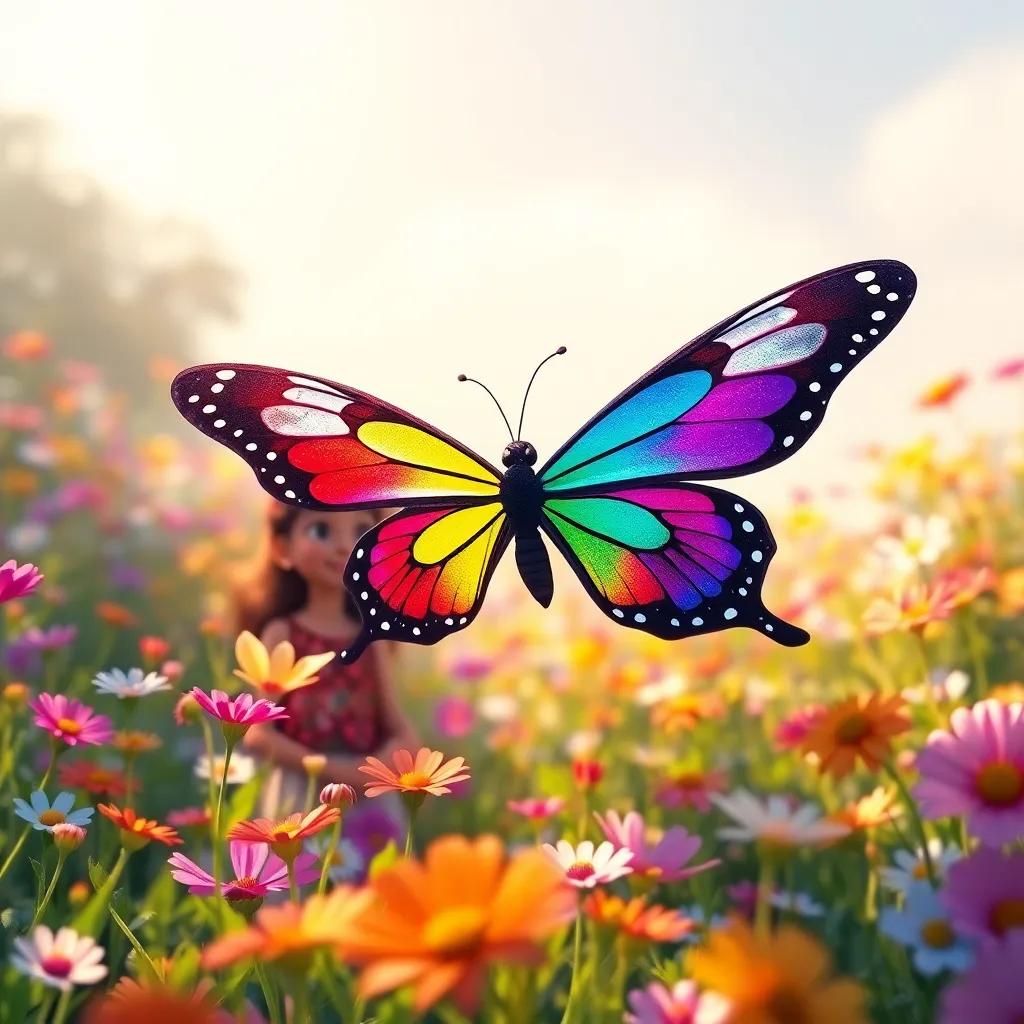 A colorful butterfly named Bella fluttering around Nina and her friends in a meadow filled with flowers, vibrant colors, bright sunlight, magical atmosphere, high quality