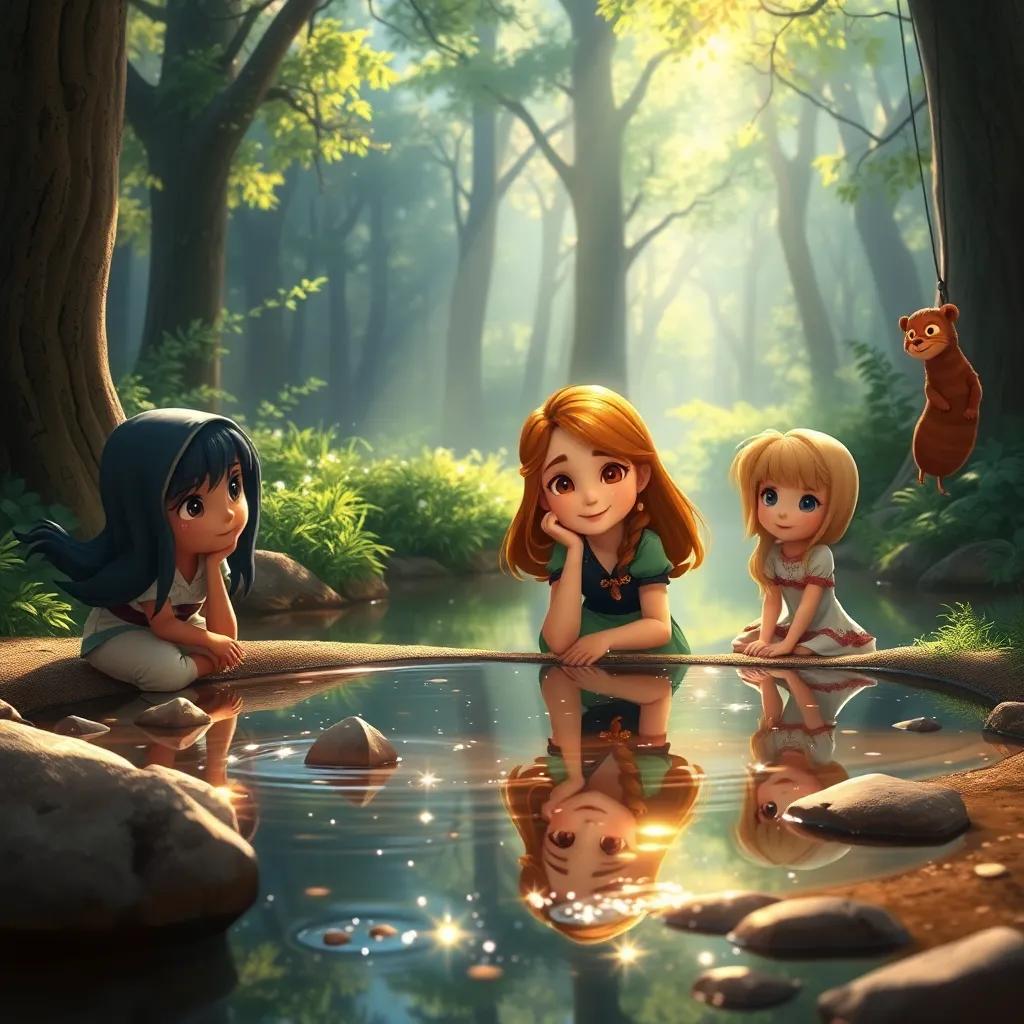 Nina and her friends together by a sparkling stream, seeing their reflections, surrounded by the forest and the magic of kindness, beautiful light effects, warm colors, realistic quality