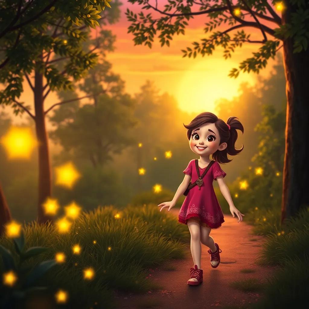 Nina walking home from the magical forest, with a warm smile and fireflies dancing around her, sunset in the background creating a magical scene, warm colors, inviting atmosphere, high quality