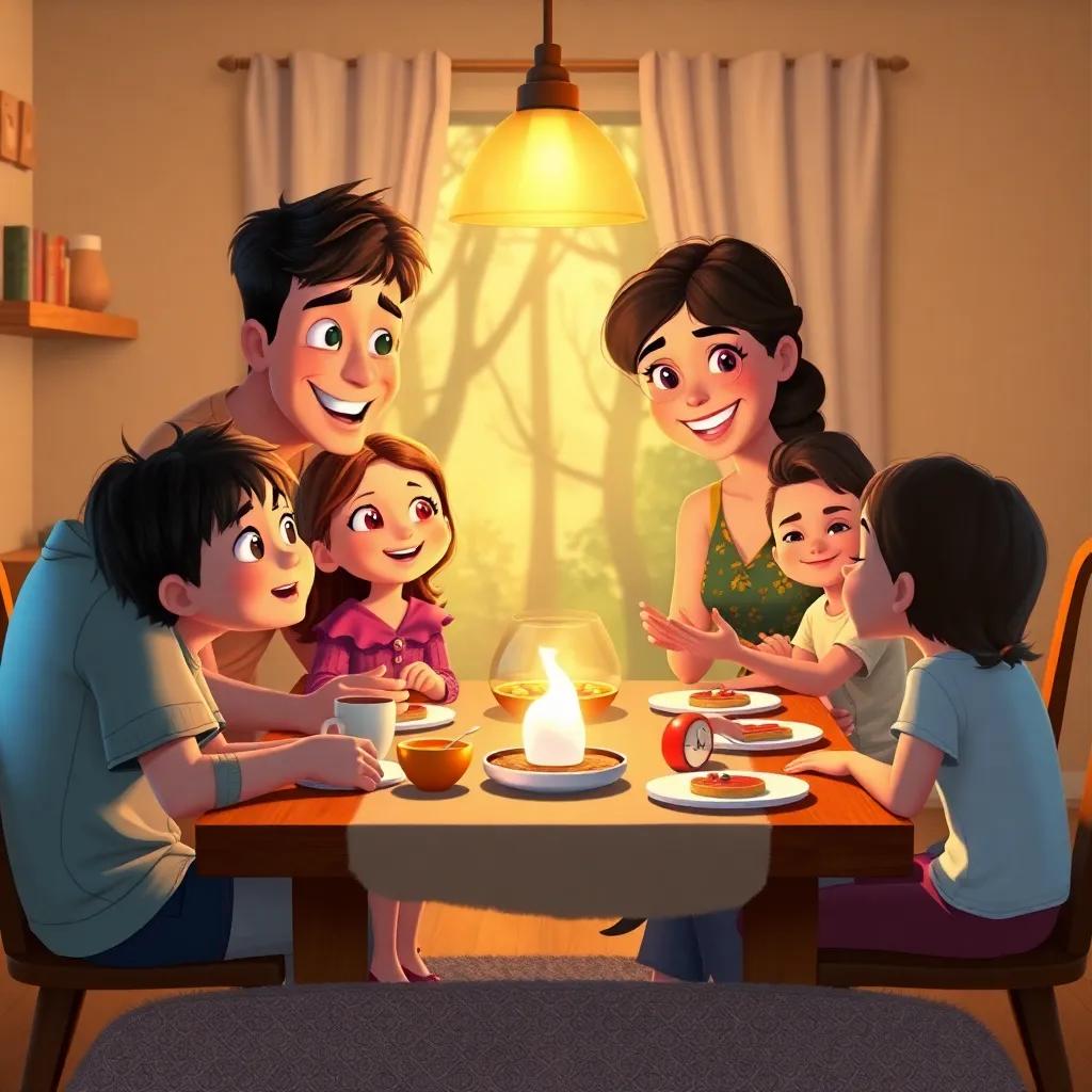 Nina telling her family about her adventures in the magical forest, sitting around the dinner table, looking excited and joyful, warm light in a cozy home, cheerful and inviting
