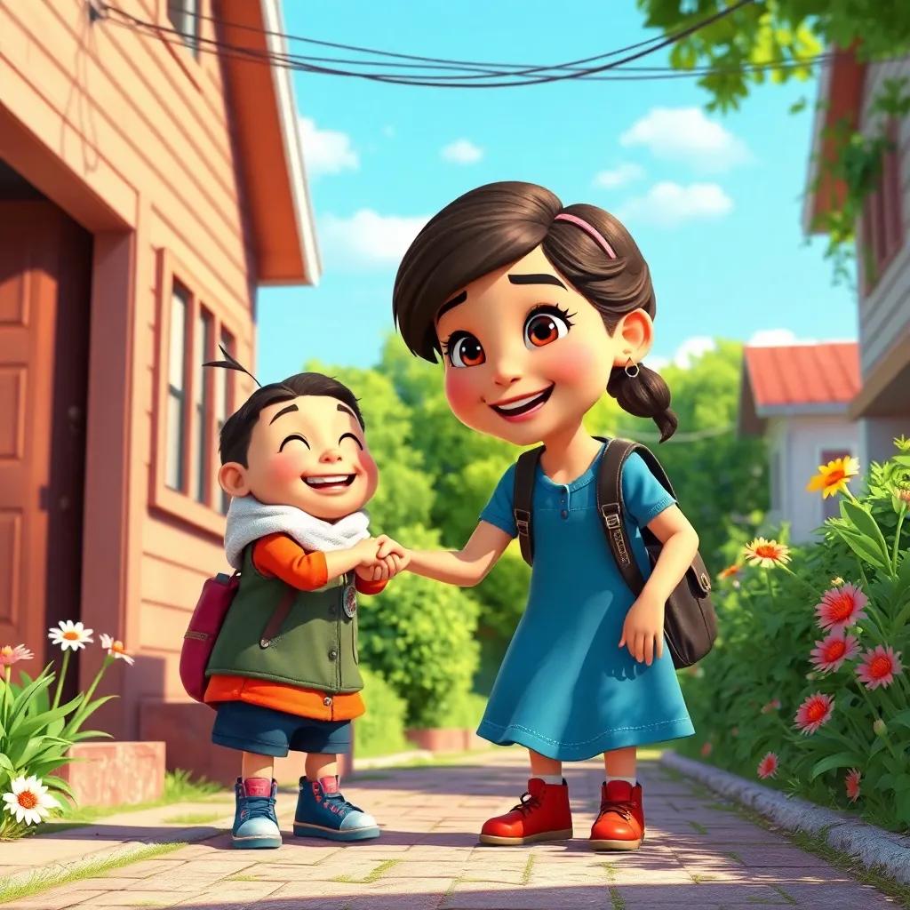 Nina, now inspired, spreading kindness to others, helping a friend in her neighborhood, surrounded by smiles and laughter, bright and cheerful setting, high quality