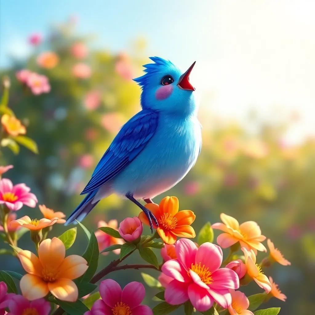 A bright blue nightingale named Nina perched on a flowery tree, singing joyfully in the sunlight, colorful flowers surrounding her, digital art, cheerful, bright colors, warm light, high quality
