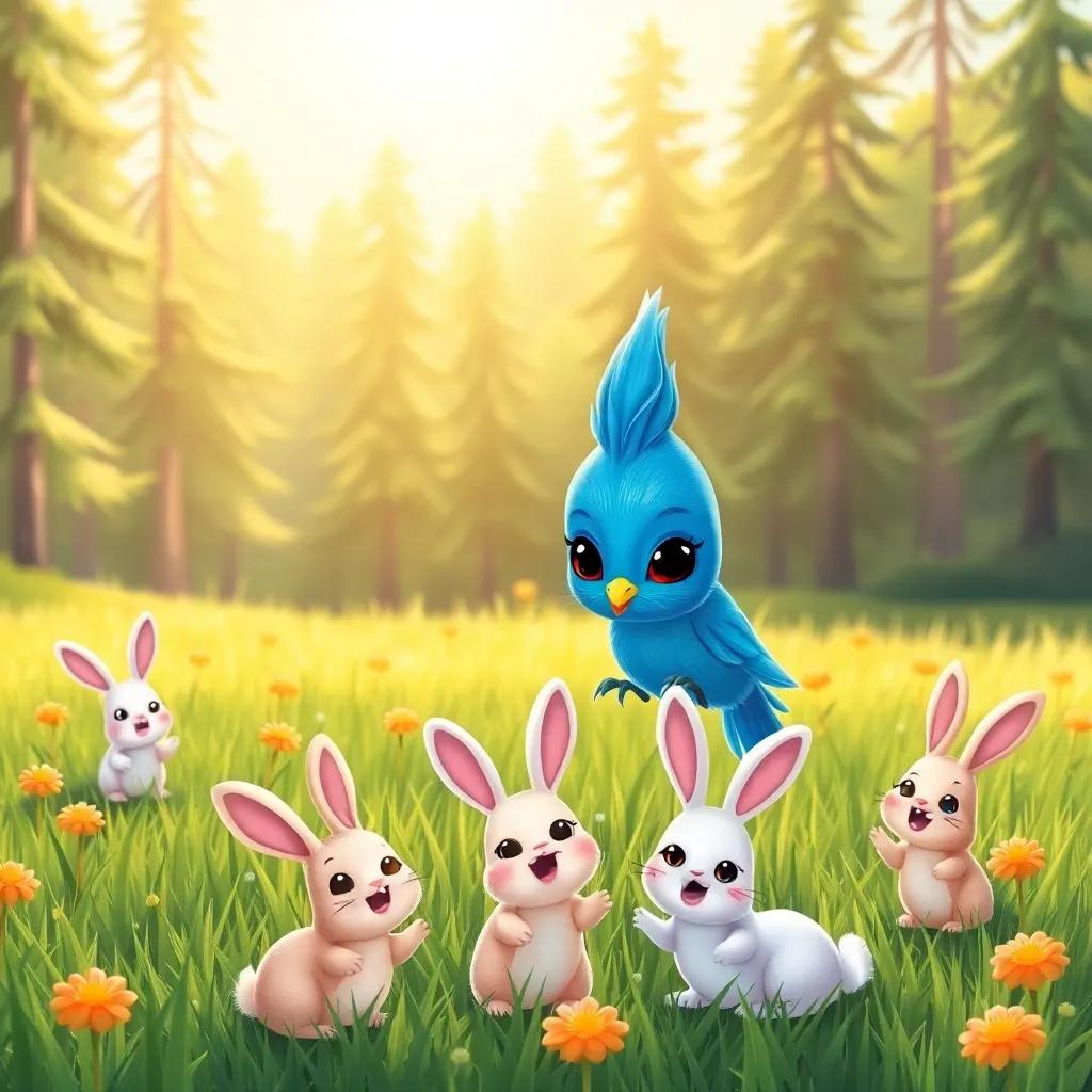 Nina, the bright blue nightingale, playing with cheerful bunnies in a grassy field, sun shining down, background of tall trees, illustration, vivid, playful, child-friendly