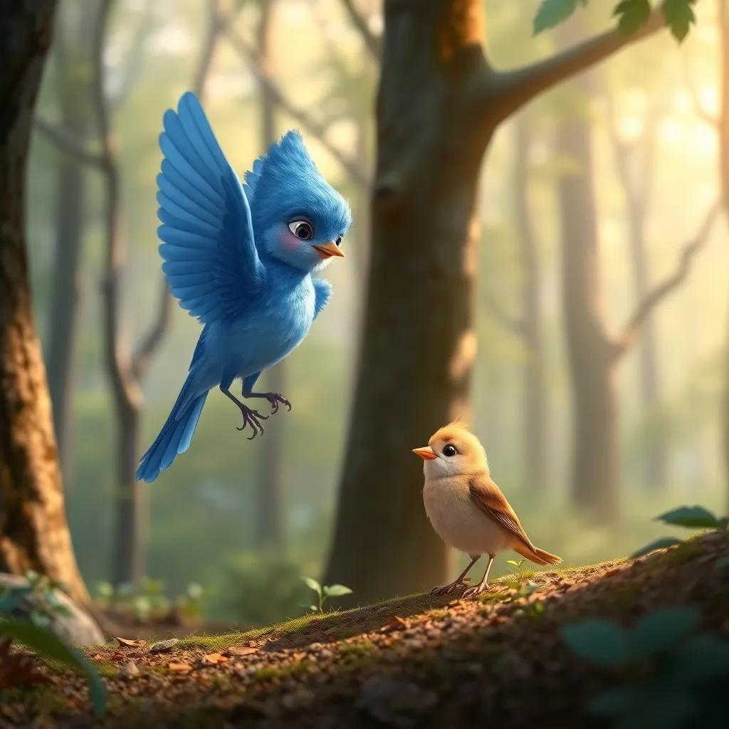 Nina, the blue nightingale gently flying down to comfort a sad little bird in a forest, trees in the background, soft light, sweet atmosphere, detailed, heartwarming