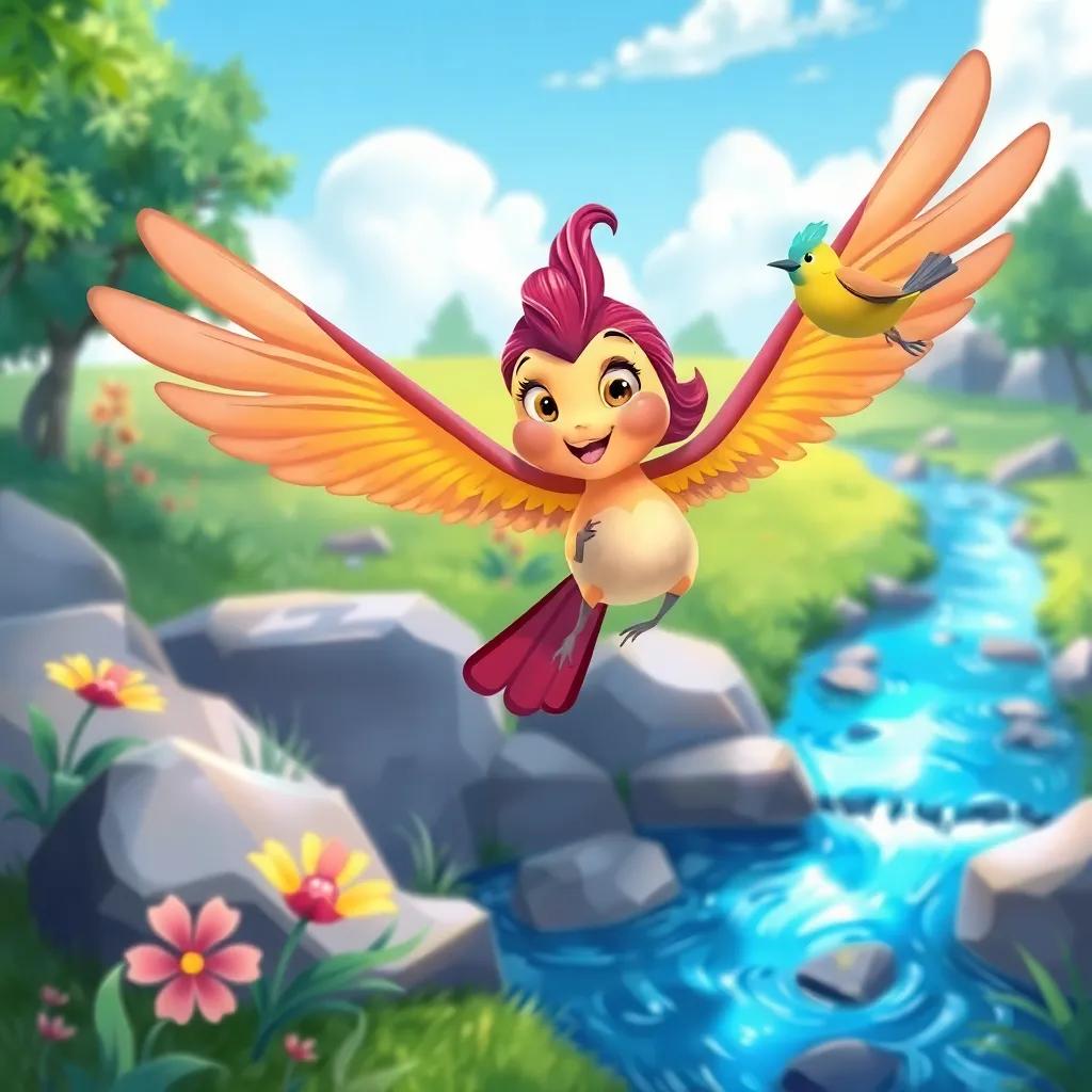 Nina, the nightingale, flying over a lovely stream with the little bird, bright colors of nature around them, cheerful, adventure-themed, child-friendly illustration