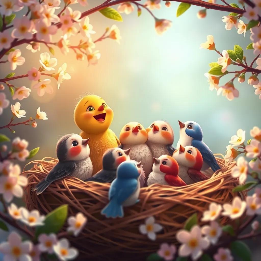 The little bird joyfully reunited with its family in a cozy nest surrounded by flowering branches, all singing happily, warm light, heartwarming, colorful