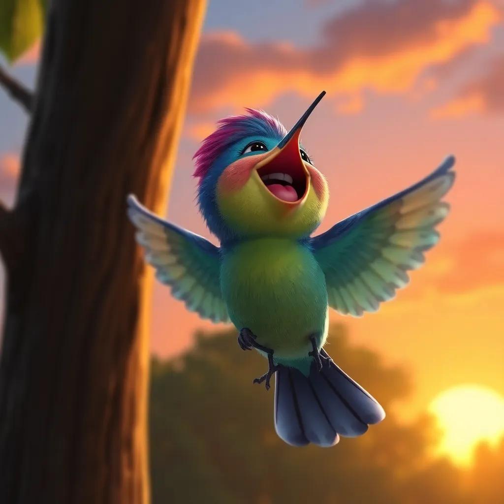 Nina the nightingale laughing joyfully as she flies back to her tall tree, the sunset in the background, bright colors, cheerful, close-up focus