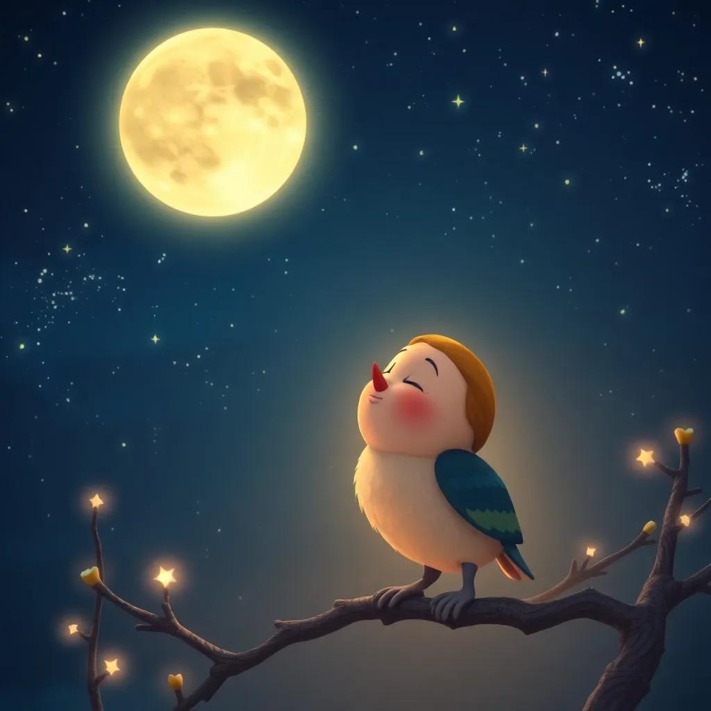 Nina, the nightingale, singing beautifully under a starry sky beside a glowing moon, the night filled with twinkling stars, enchanting, child-friendly