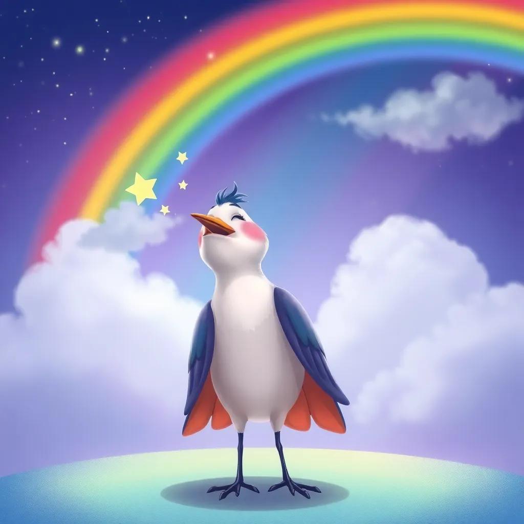 Nina the nightingale gracefully singing a sweet melody, with a rainbow appearing in the sky, symbolizing joy and friendship, vibrant colors, uplifting illustration