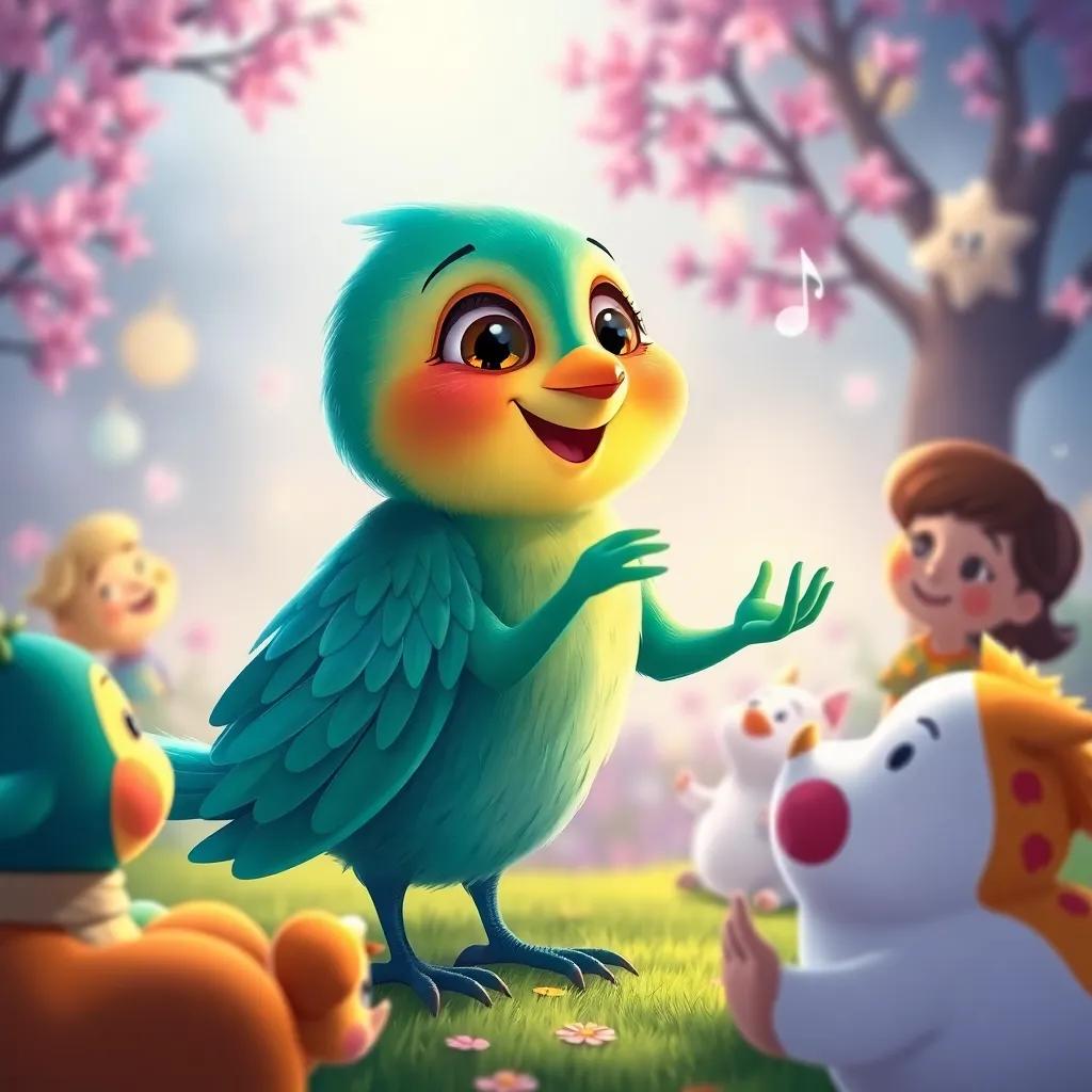 A heartwarming scene of Nina, the nightingale, spreading joy through melodies, with friends gathered around, colorful, bright, child-friendly, whimsical