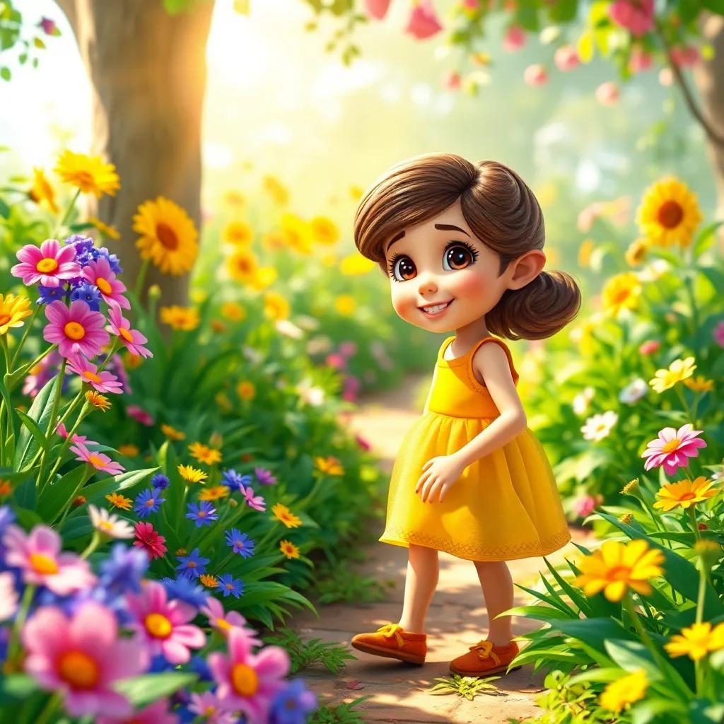 A young girl, Nina, with brown hair wearing a bright yellow dress, exploring a vibrant garden filled with colorful flowers and greenery, sunlight shining, cheerful atmosphere, digital art, playful, whimsical, high quality
