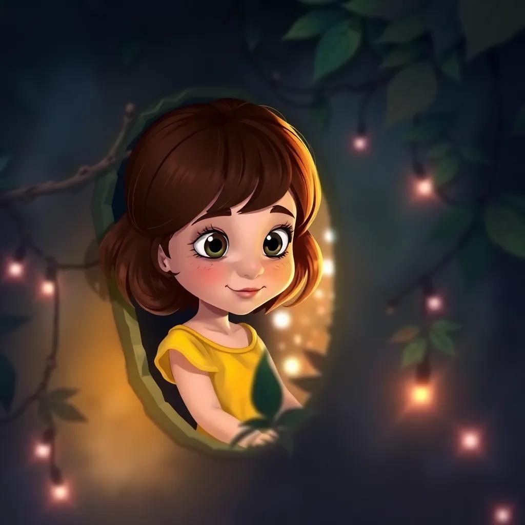 Nina, a young girl with brown hair in a yellow dress, peeking through a tiny, glimmering doorway hidden in a bush, colorful lights shining from inside, curious expression, magical atmosphere, illustration, vibrant colors, engaging
