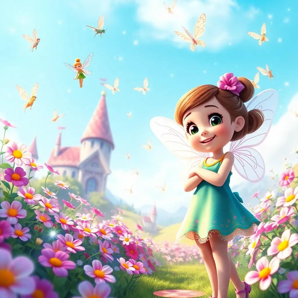 A colorful Fairyland scene with cheerful fairies fluttering around, sparkling flowers, light blue sky, a young girl, Nina, standing with excitement, detailed digital art, magical and vibrant, inviting view, high quality