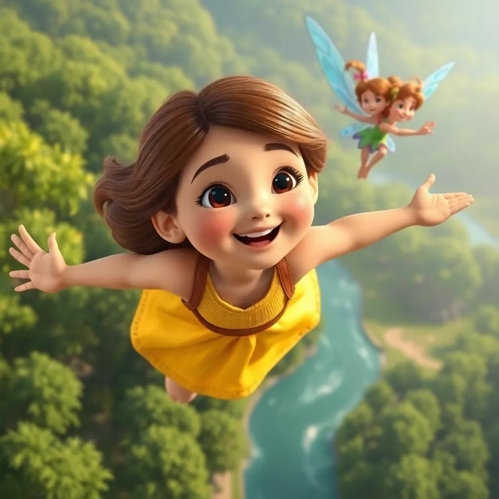 Nina, a young girl with brown hair in a yellow dress, flying with a brave fairy named Fynn with blue wings, soaring over beautiful green trees and bright rivers, joyful expressions, animated style, uplifting imagery, high quality