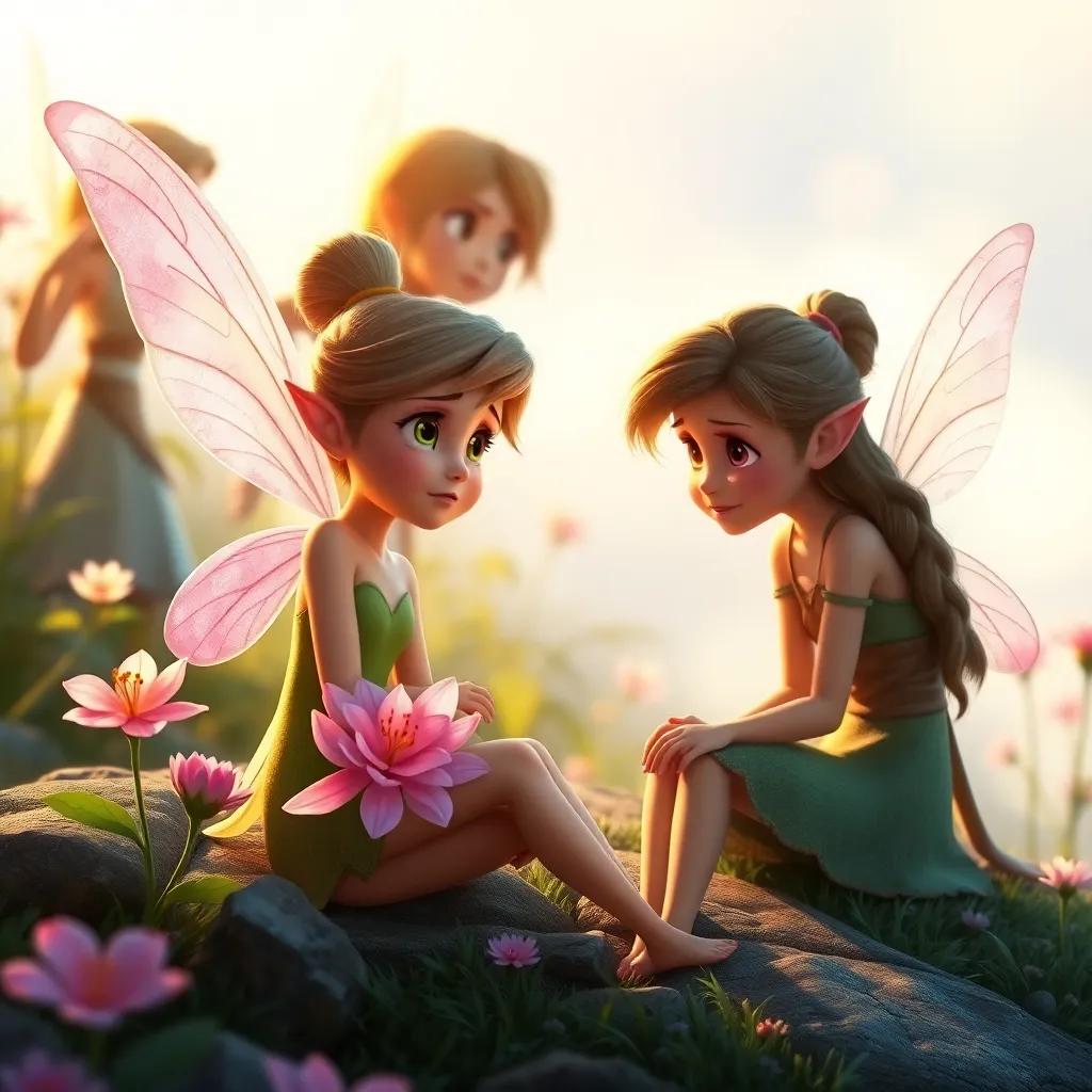 A crying fairy named Teera, with delicate pink wings, sitting by a flower, while Nina and Fynn, a young girl and brave fairy, approach her with concern, warm light, gentle atmosphere, storytelling view, heartwarming, high quality