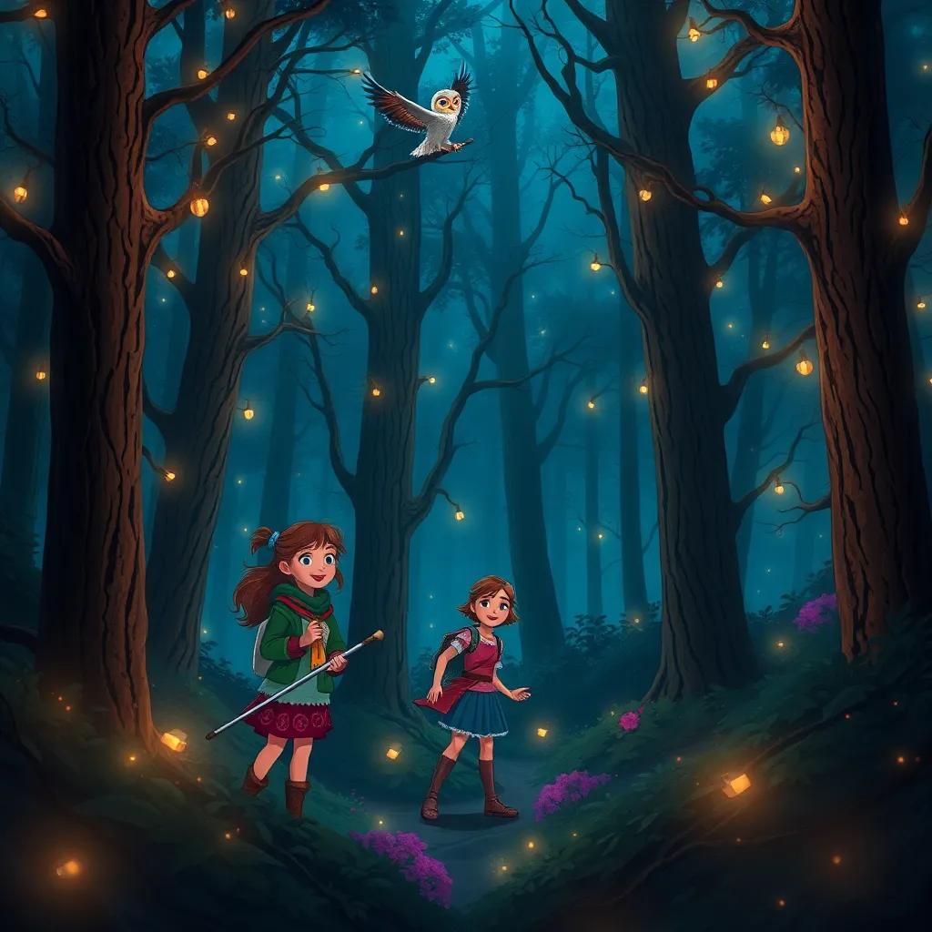 Nina, Fynn, and Teera searching together in a magical dark forest filled with enchanting trees, wise owl perched above, showing teamwork and friendship, digital illustration, captivating colors, inspiring, high quality