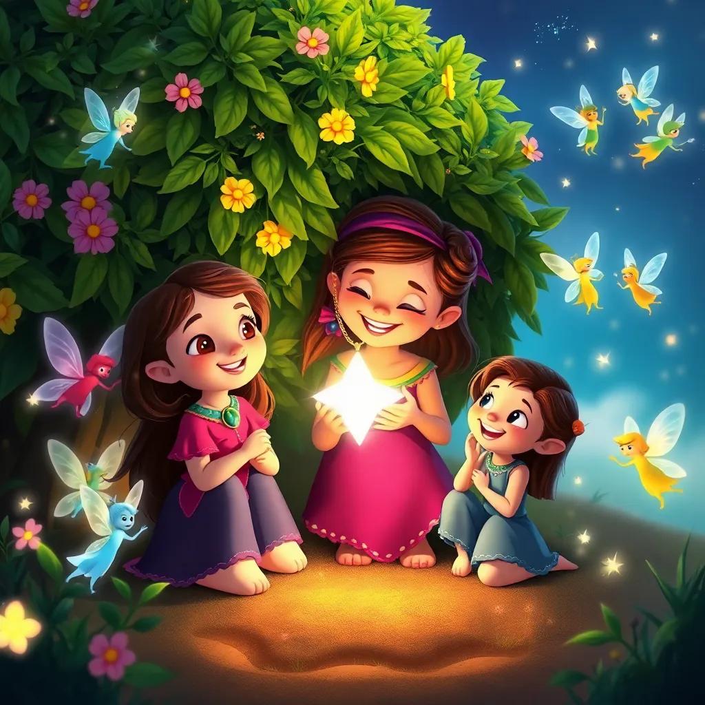 Nina, Fynn, and Teera happily finding a sparkling star necklace under a bush, surrounded by joyful fairies dancing, vibrant colors, cheerful atmosphere, animation style, heartwarming, high quality