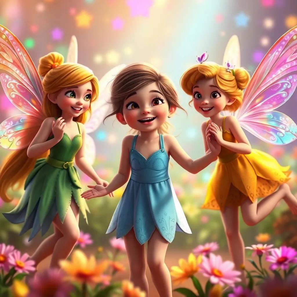 The fairies celebrating with a joyful dance, a young girl, Nina, in the middle, smiling brightly, colorful lights and flowers all around, magical mood, detailed digital art, colorful, uplifting, high quality