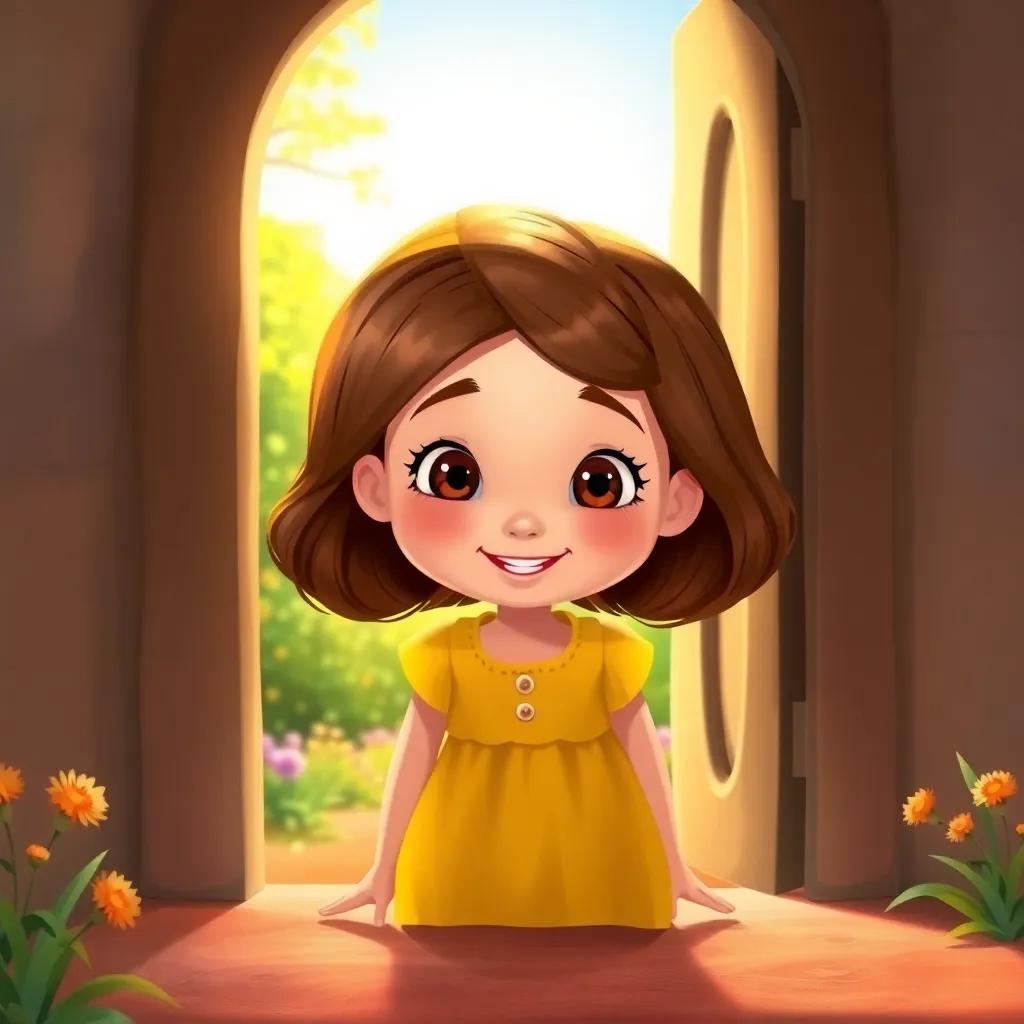 Nina, a young girl with brown hair in a yellow dress, squeezing through the tiny doorway back to her world with a happy expression, bright sunlit garden behind her, sweet atmosphere, digital painting, nostalgic, warm colors, high quality