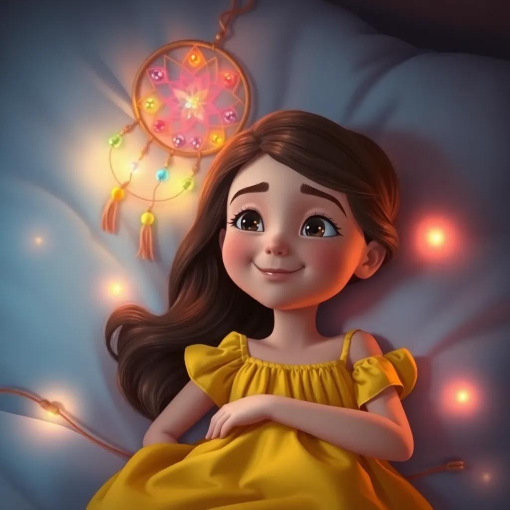 Nina, a young girl with brown hair in a bright yellow dress, lying in bed with a smile, colorful dreamcatcher above her, surrounded by glowing fairy lights, representing friendship and dreams, digital art, soft colors, peaceful, high quality